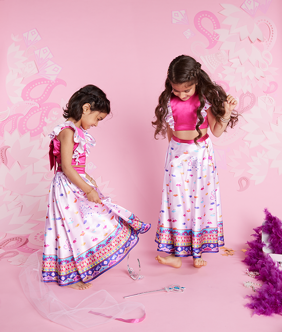 Girls wearing pink lehenga – Pink Satin Top, Skirt and Net Dupatta