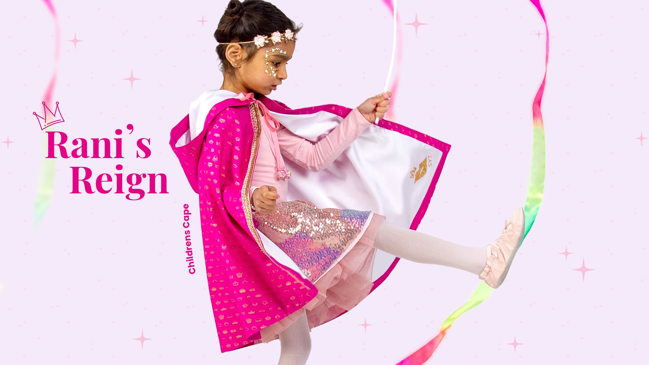 Girls wearing pink cape, pink crown fabric, satin lining, girls party high end cape – Order now