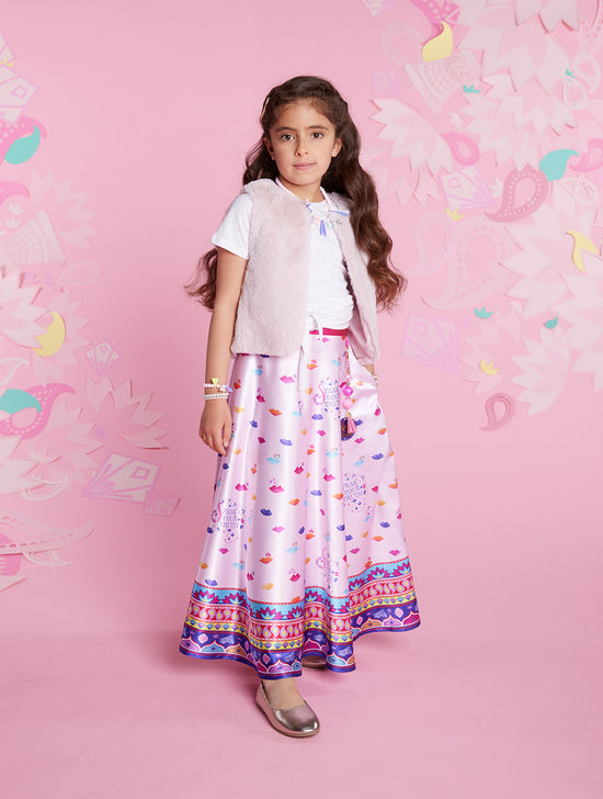 Girl wearing girls party dress- Anjali Rose Skirt with your favourite top and jacket. 