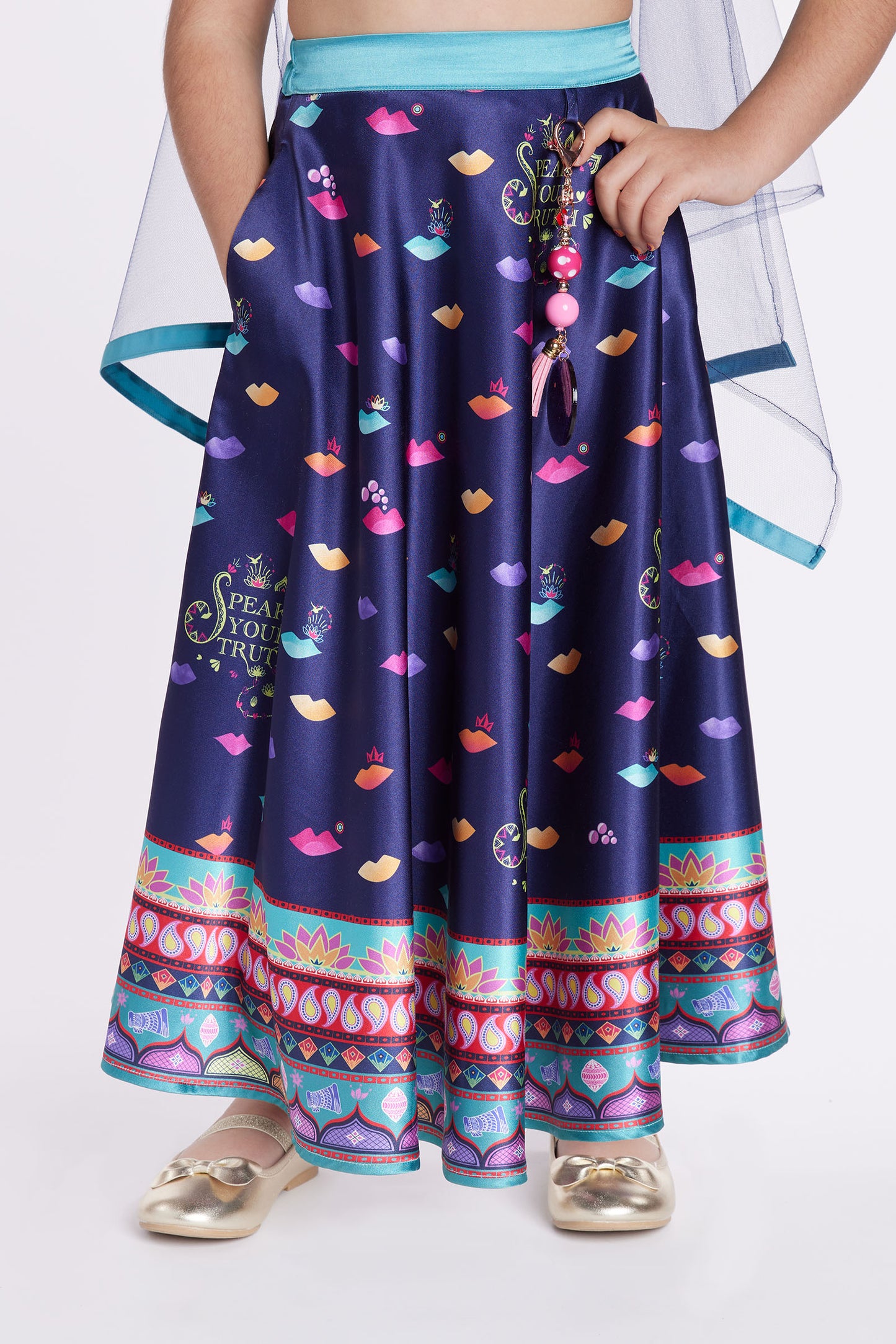 girl wearing blue lehenga front close skirt