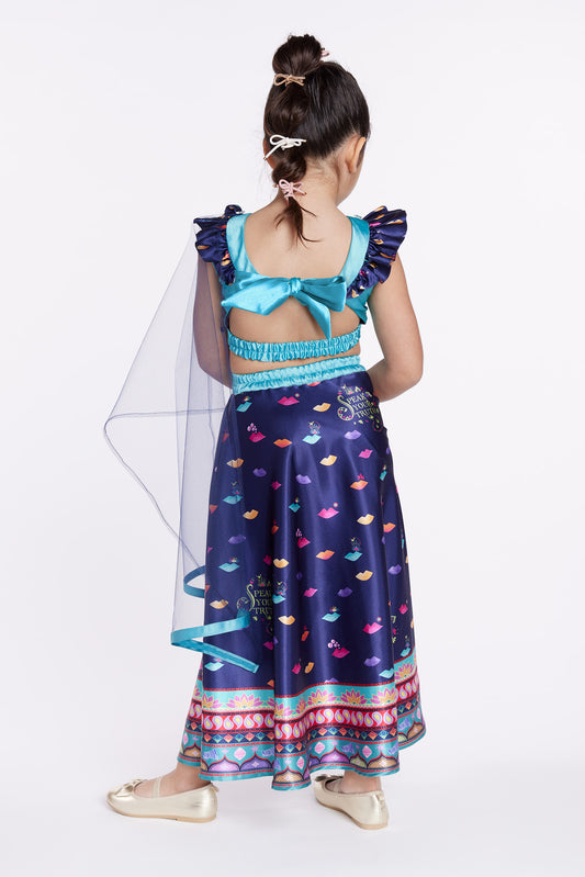 Girl wearing blue lehenga party dress back