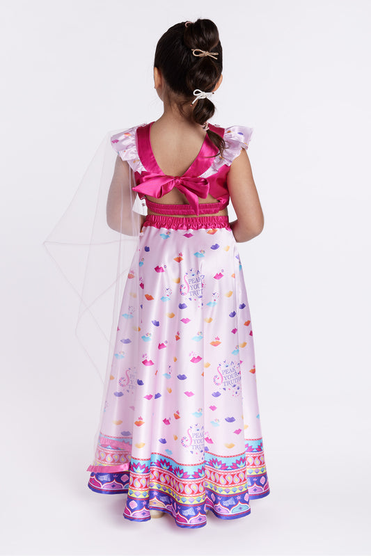 Girl wearing pink lehenga party dress back