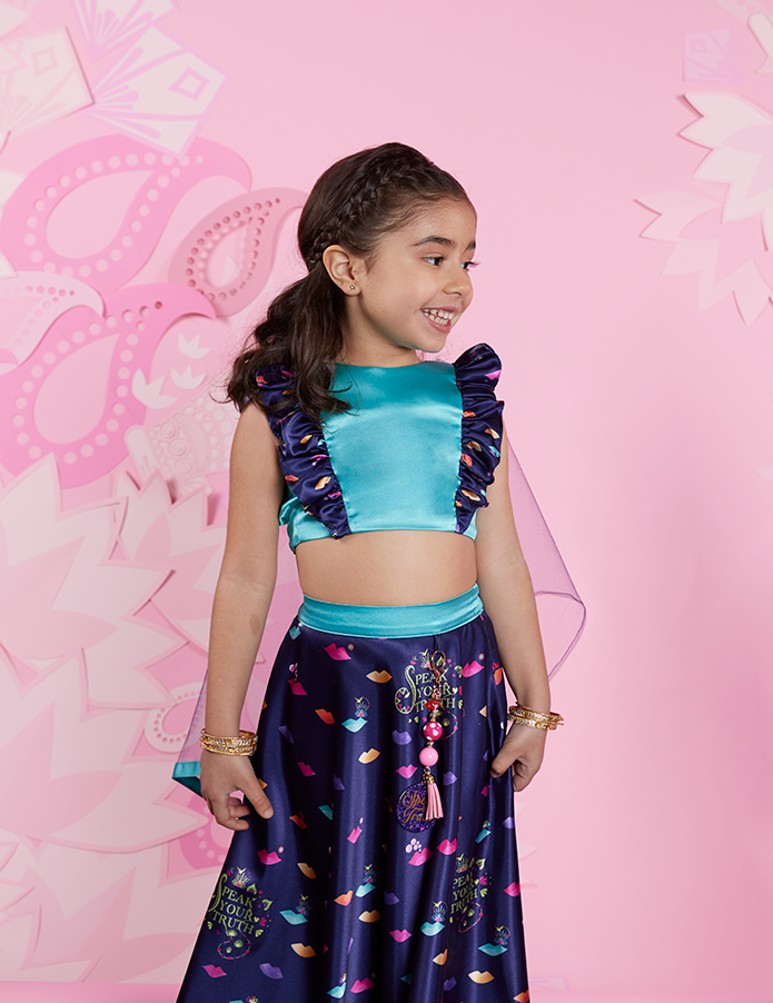 Girl wearing blue lehenga – Navy Blue Satin Top, Skirt and Net Dupatta