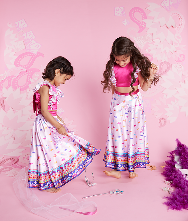 Girls wearing pink lehenga – Pink Satin Top, Skirt and Net Dupatta
