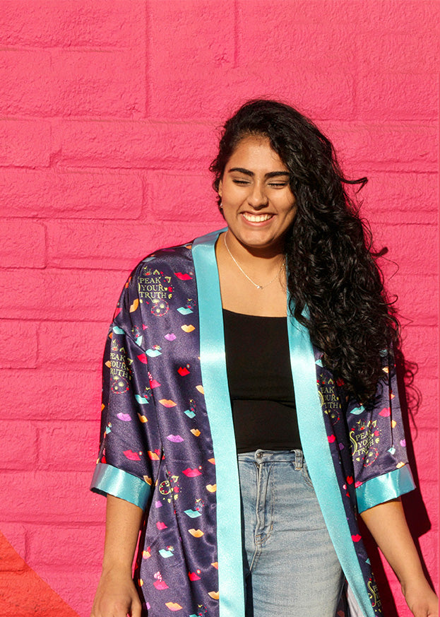 Women wearing blue midnight duster – Navy Blue Satin
