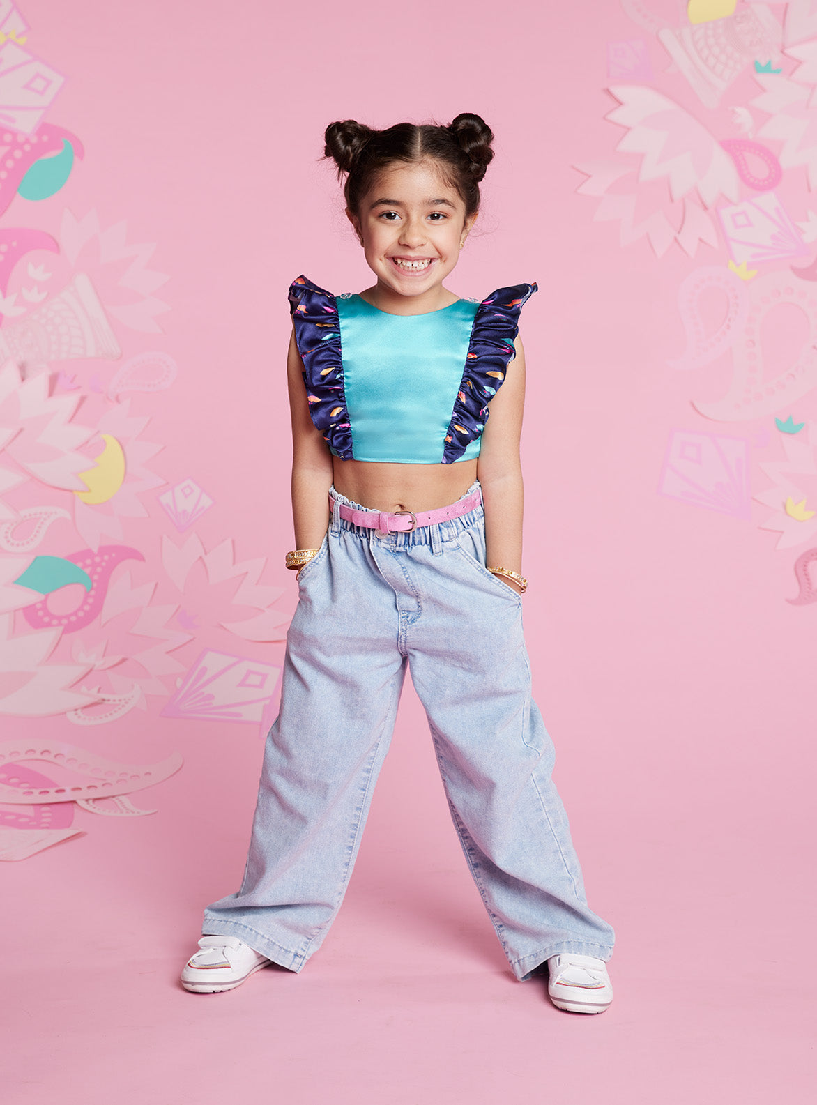 Girl wearing Anjali Midnight Top with your favourite jeans and sneakers. Speak your Truth Collection. nishaparekh.com