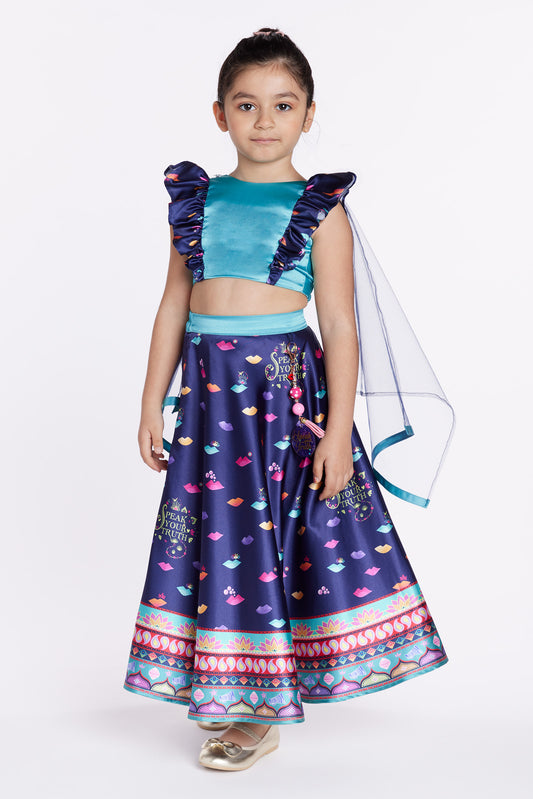 Girl wearing blue lehenga party dress and dupatta